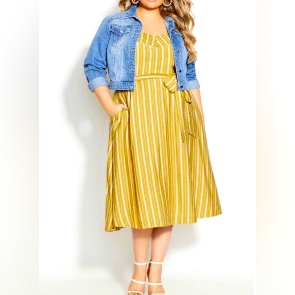 CITY CHIC Sun Stripe Dress - mustard yellow NWT sz XL/22 waist tie midi Length